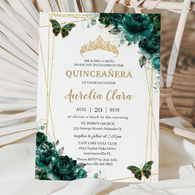 Quinceañera Emerald Green Floral Butterflies Tiara Invitation