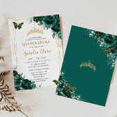 Quinceañera Emerald Green Floral Butterflies Tiara Invitation