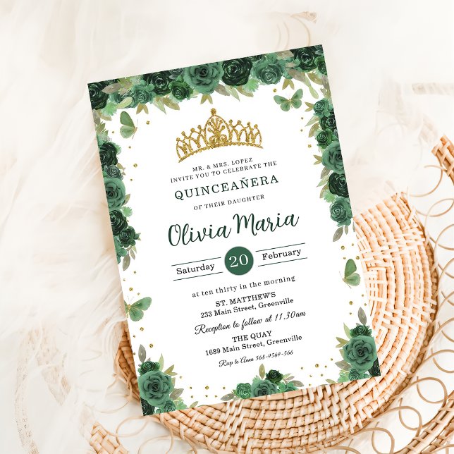 Quinceañera Emerald Green Floral Butterflies Tiara Invitation (Creator Uploaded)