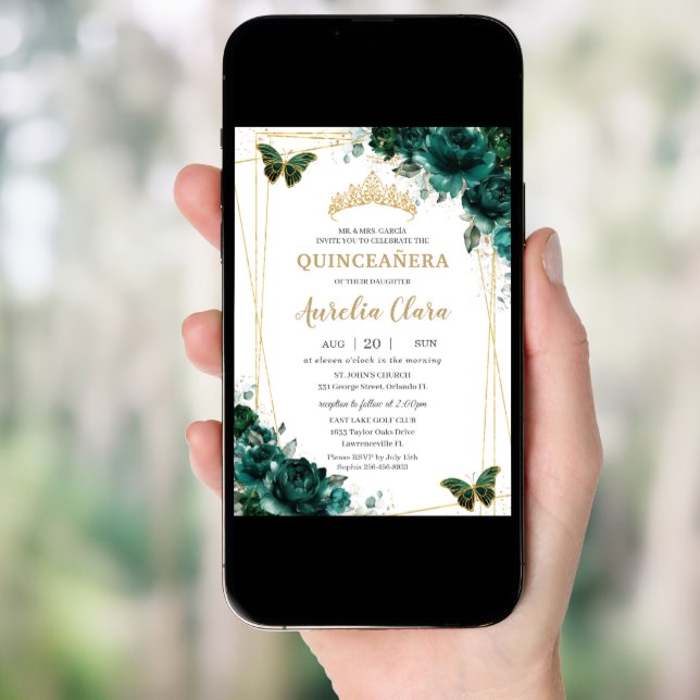 Quinceañera Emerald Green Floral Butterflies Tiara Invitation (Front Digital)