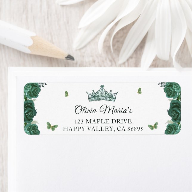 Quinceañera Emerald Green Floral Butterflies Tiara Label (Insitu)
