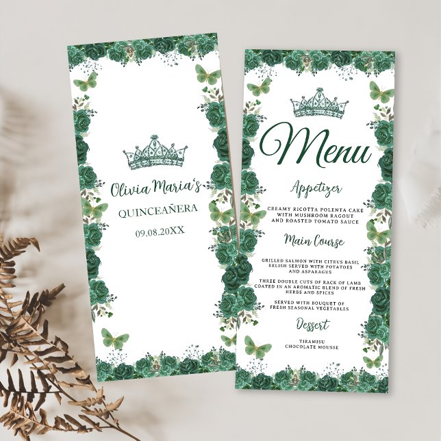 Quinceañera Emerald Green Floral Butterflies Tiara Menu (Creator Uploaded)