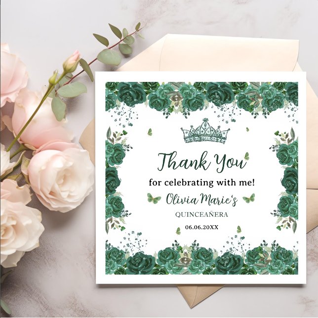 Quinceañera Emerald Green Floral Butterflies Tiara Napkins (Creator Uploaded)