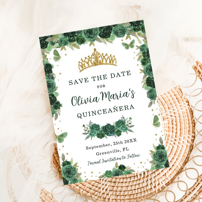 Quinceañera Emerald Green Floral Butterflies Tiara Save The Date (Creator Uploaded)