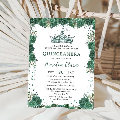 Quinceaera Emerald Green Floral Crown Birthday Invitation