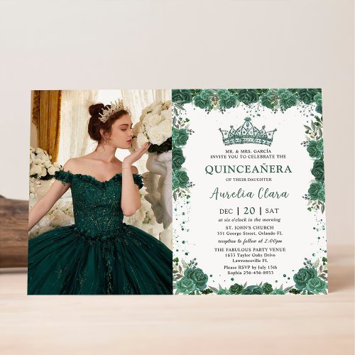 Quinceaera Emerald Green Floral Crown Birthday Invitation