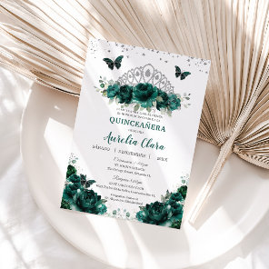 Quinceañera Emerald Green Floral Crown Español Invitation