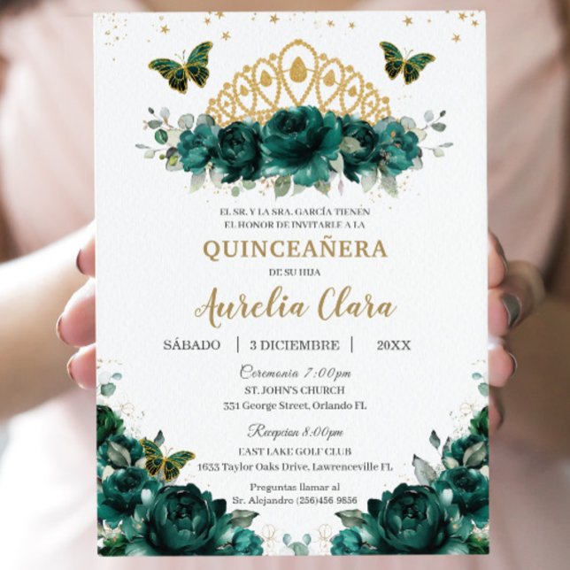 Quinceañera Emerald Green Floral Crown Español Invitation (Creator Uploaded)