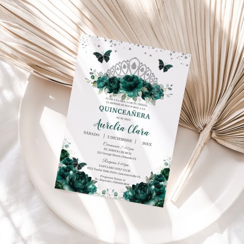 Quinceaera Emerald Green Floral Crown Espaol Invitation