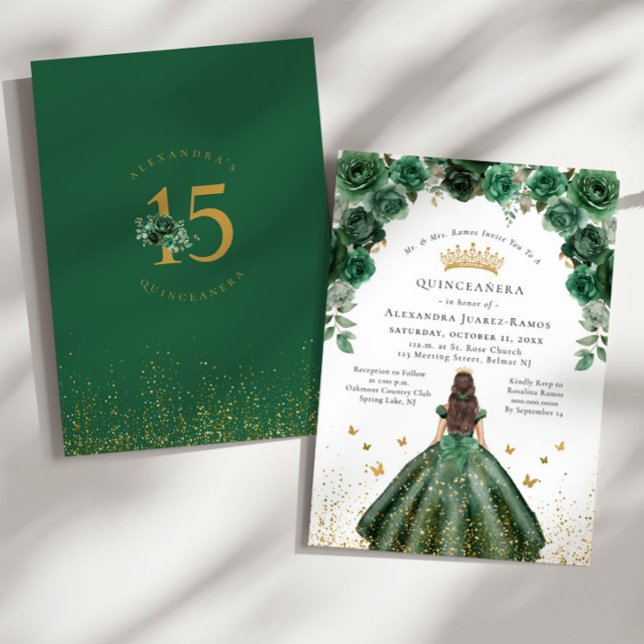 Quinceañera Emerald Green Floral Faux Gold Foil  Invitation (Creator Uploaded)