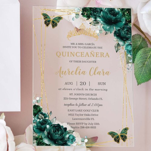 Quinceaera Emerald Green Floral Gold Butterflies Acrylic Invitations