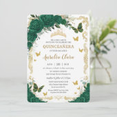 Quinceañera Emerald Green Floral Gold Butterflies  Invitation (Standing Front)