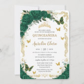 Quinceañera Emerald Green Floral Gold Butterflies  Invitation (Front)