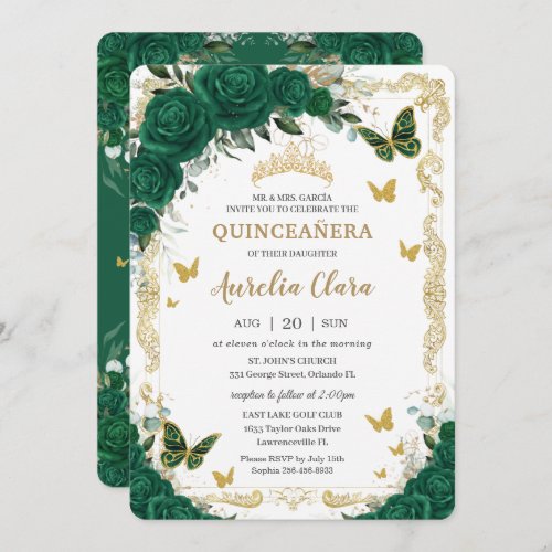 Quinceaera Emerald Green Floral Gold Butterflies  Invitation