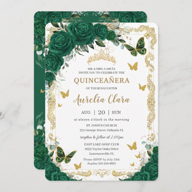 Quinceañera Emerald Green Floral Gold Butterflies  Invitation (Front/Back)