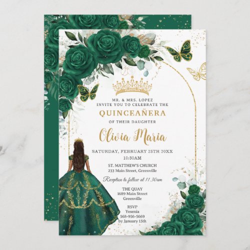 Quinceaera Emerald Green Floral Gold Butterflies  Invitation