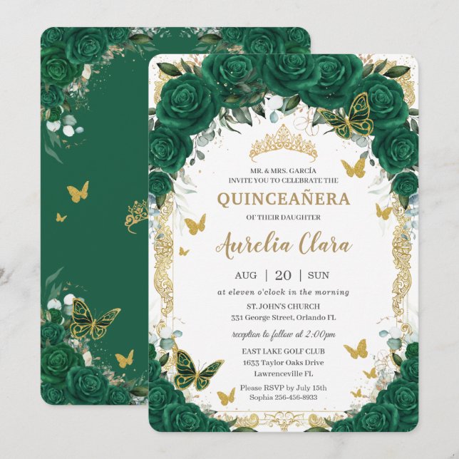 Quinceañera Emerald Green Floral Gold Butterflies Invitation (Front/Back)
