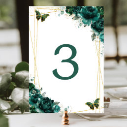 Quincea&#241;era Emerald Green Floral Gold Butterflies  Table Number