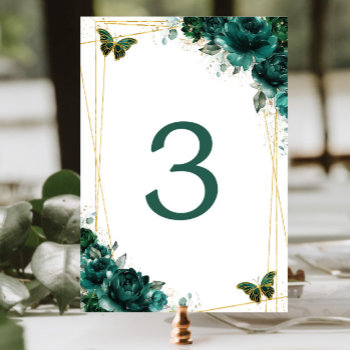 Quinceañera Emerald Green Floral Gold Butterflies  Table Number by LollipopParty at Zazzle