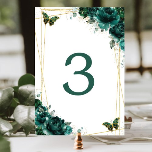 Quinceaera Emerald Green Floral Gold Butterflies  Table Number