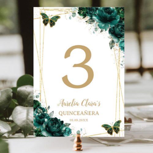 Quinceaera Emerald Green Floral Gold Butterflies Table Number