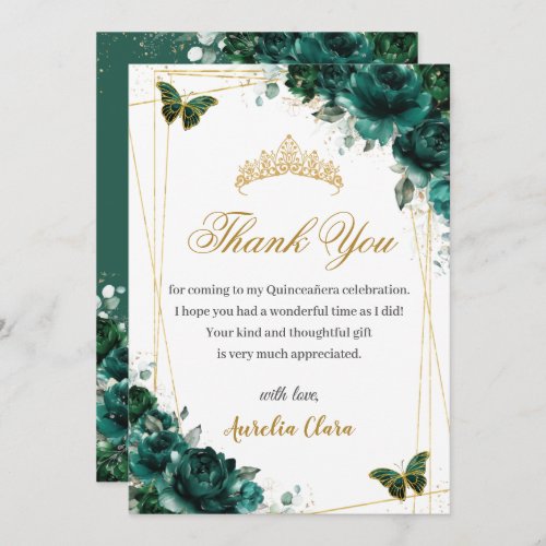 Quinceaera Emerald Green Floral Gold Butterflies Thank You Card