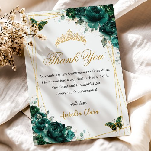 Quinceaera Emerald Green Floral Gold Butterflies Thank You Card