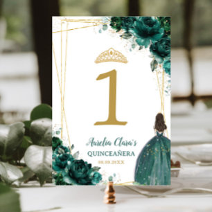 Quinceañera Emerald Green Floral Gold Girl Dress Table Number