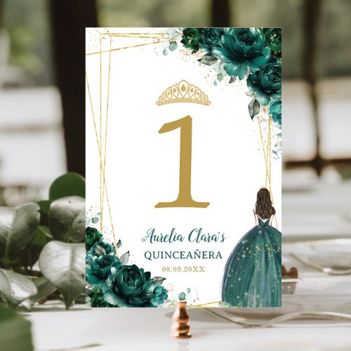 Quinceaera Emerald Green Floral Gold Girl Dress  Table Number