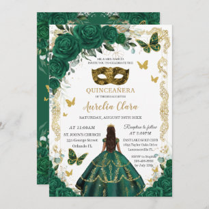 Quinceañera Emerald Green Floral Gold Masquerade Invitation