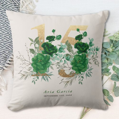 Quinceanera Emerald Green Floral Gold Number 15 Throw Pillow
