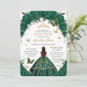Quinceañera Emerald Green Floral Gold Princess  In Invitation (Standing Front)