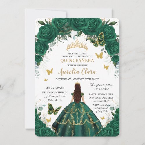 Quinceaera Emerald Green Floral Gold Princess  In Invitation