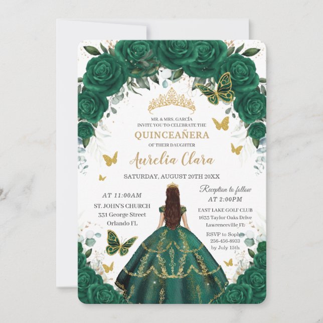 Quinceañera Emerald Green Floral Gold Princess  In Invitation (Front)