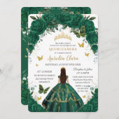 Quinceañera Emerald Green Floral Gold Princess  In Invitation (Front/Back)