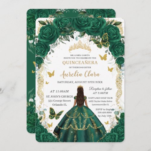 Quinceaera Emerald Green Floral Gold Princess  In Invitation
