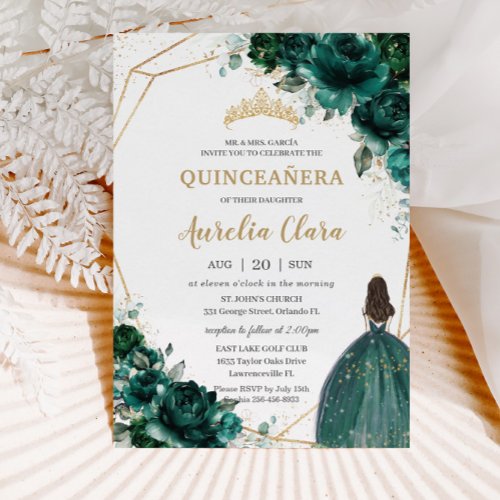 Quinceaera Emerald Green Floral Gold Princess Inv Invitation