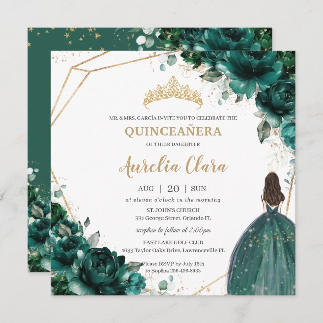 Quinceañera Emerald Green Floral Gold Princess  Invitation (Front/Back)
