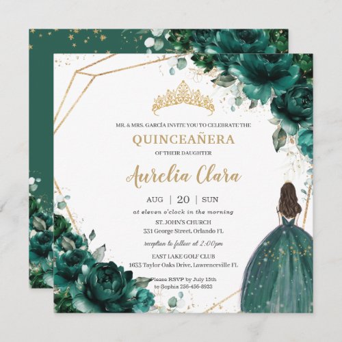 Quinceaera Emerald Green Floral Gold Princess  Invitation