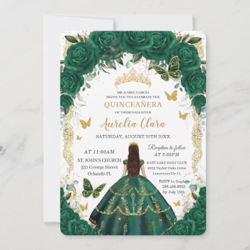Quinceaera Emerald Green Floral Gold Princess  Invitation