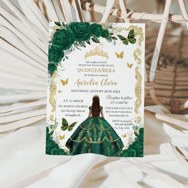 Quinceañera Emerald Green Floral Gold Princess Invitation