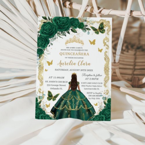 Quinceaera Emerald Green Floral Gold Princess Invitation