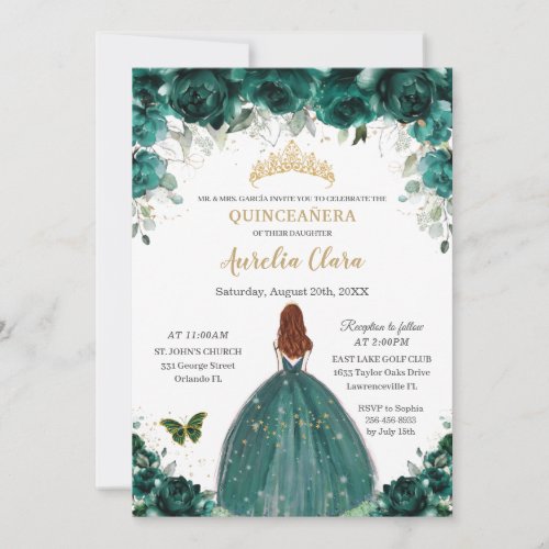 Quinceaera Emerald Green Floral Gold Princess  Invitation