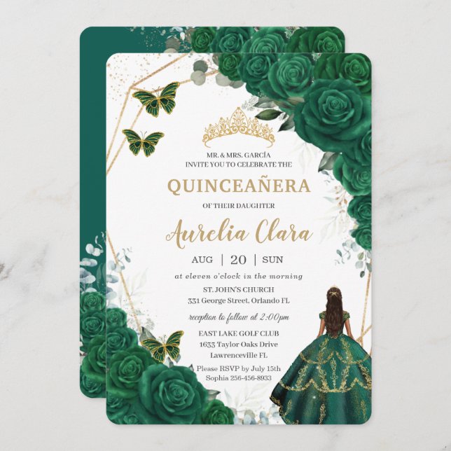 Quinceañera Emerald Green Floral Gold Princess Invitation (Front/Back)