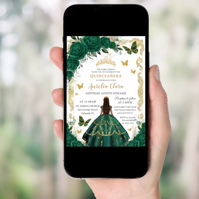 Quinceañera Emerald Green Floral Gold Princess Invitation (Front Digital)