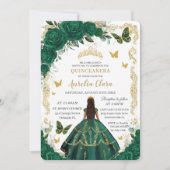 Quinceañera Emerald Green Floral Gold Princess Invitation (Front)