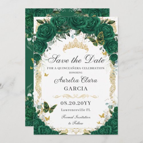 Quinceaera Emerald Green Floral Gold Princess Save The Date