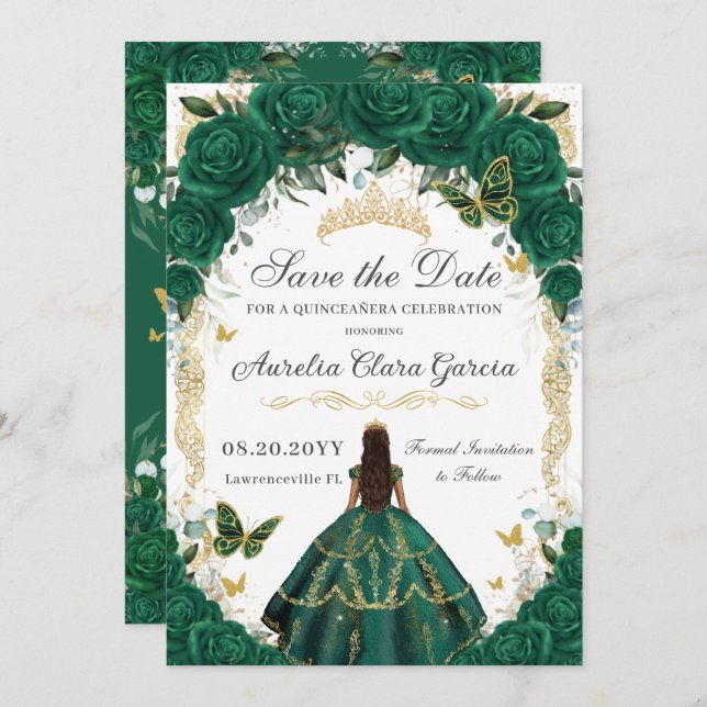 Quinceañera Emerald Green Floral Gold Princess Save The Date (Front/Back)