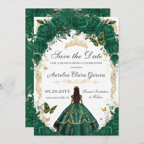 Quinceaera Emerald Green Floral Gold Princess Save The Date