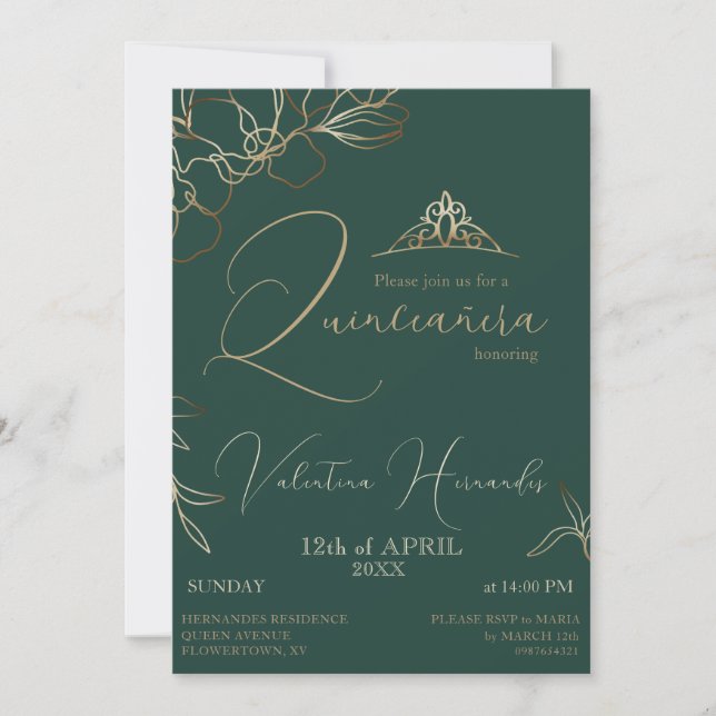 Quinceañera Emerald Green Floral Invitation (Front)
